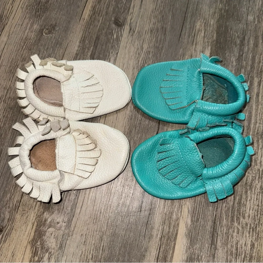Chic Cream and Teal Kids Moccasins